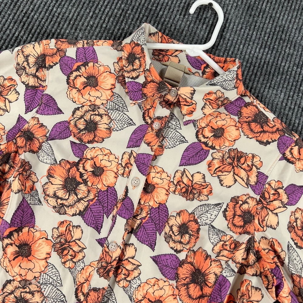 Duluth Trading Performance Shirt Womens Medium Purple Orange Floral Button Up